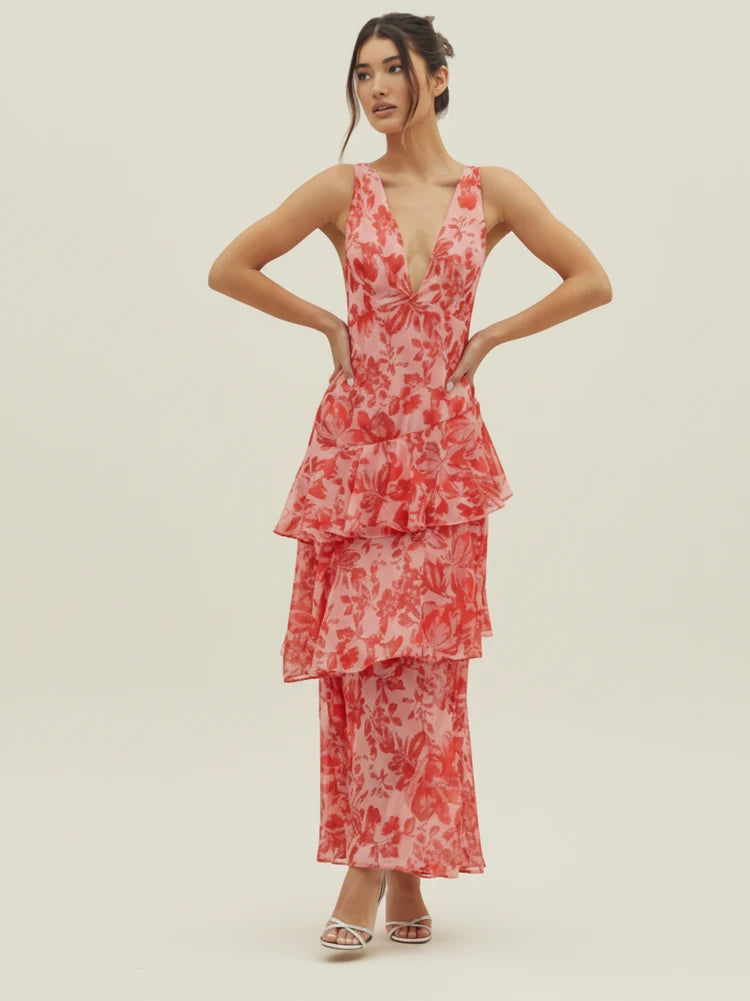 Elegant Floral Sleeveless Backless Maxi Dress