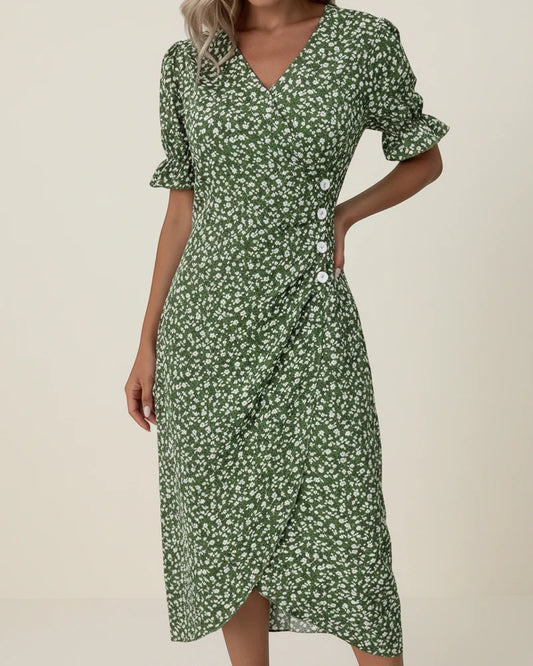 Elegant Floral Wrap Midi Dress with Puff Sleeves