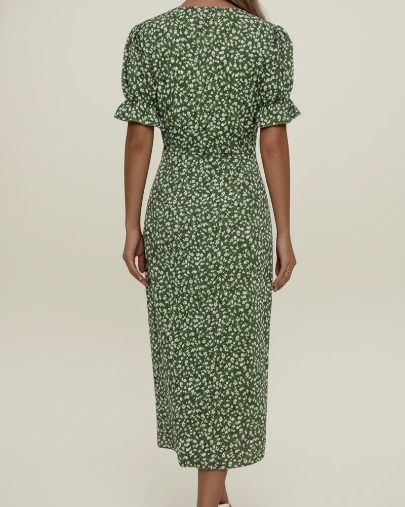 Elegant Floral Wrap Midi Dress with Puff Sleeves