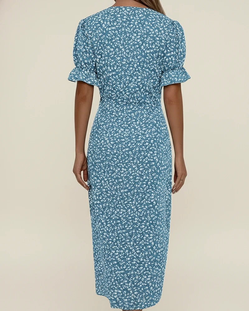Elegant Floral Wrap Midi Dress with Puff Sleeves