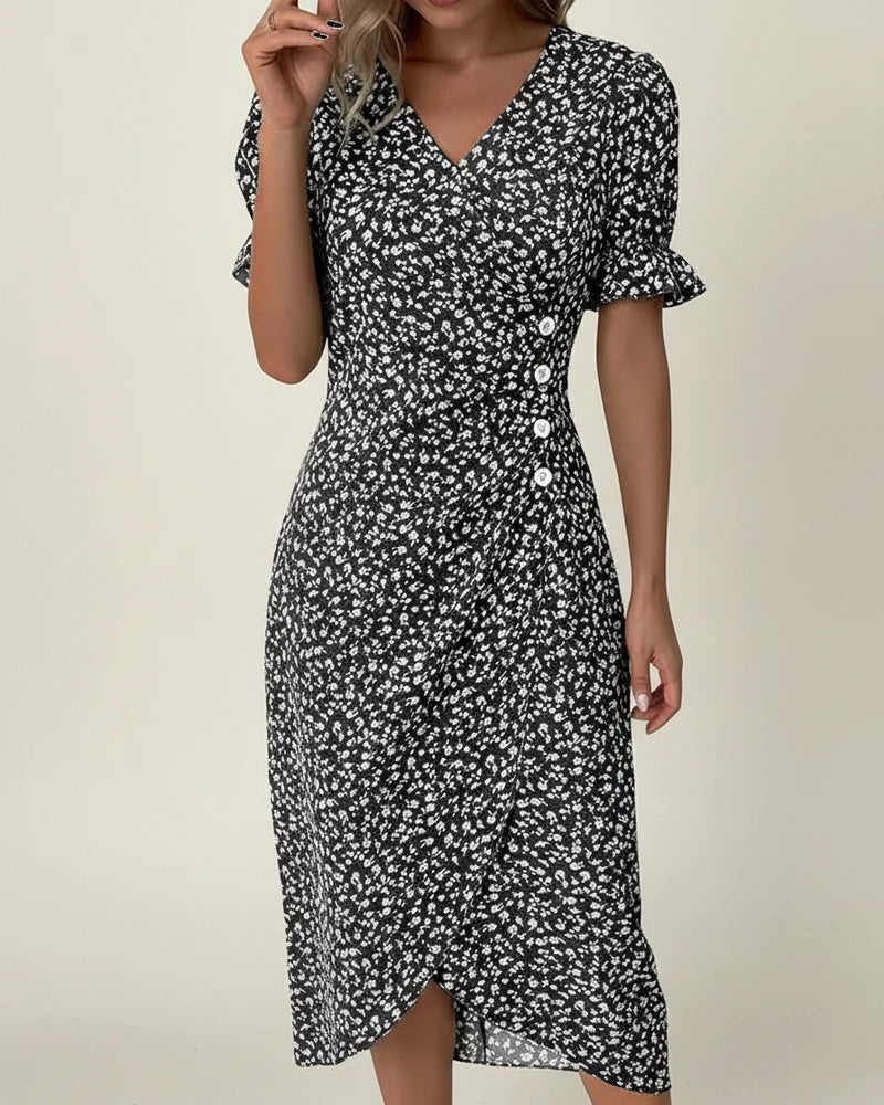 Elegant Floral Wrap Midi Dress with Puff Sleeves