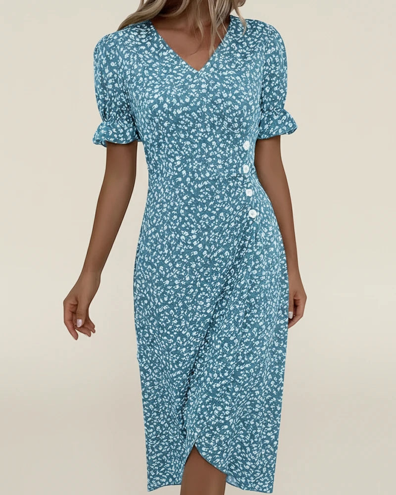 Elegant Floral Wrap Midi Dress with Puff Sleeves