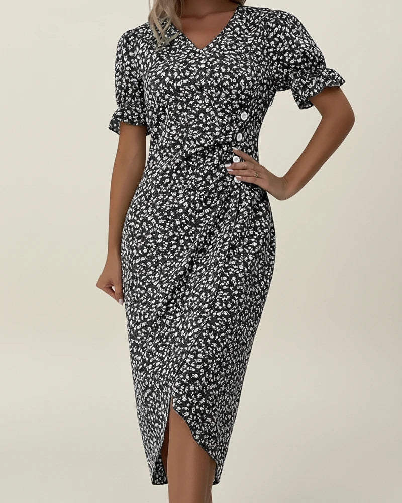 Elegant Floral Wrap Midi Dress with Puff Sleeves