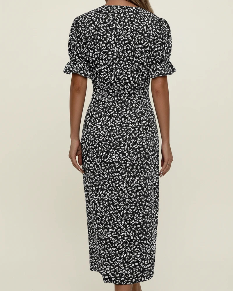 Elegant Floral Wrap Midi Dress with Puff Sleeves