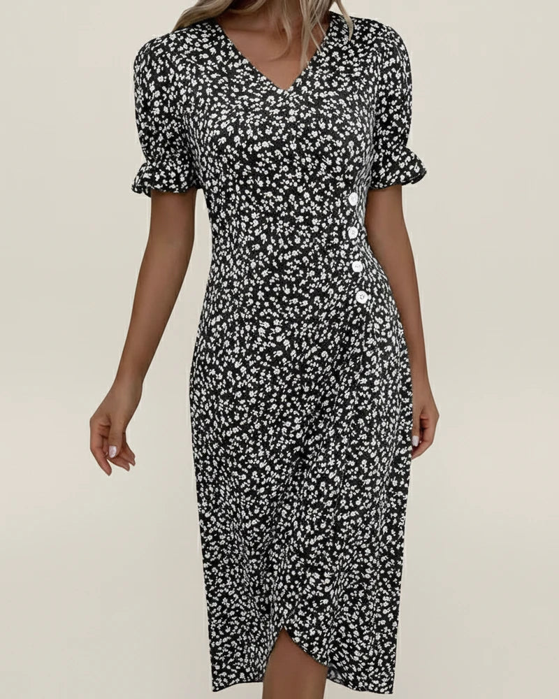 Elegant Floral Wrap Midi Dress with Puff Sleeves