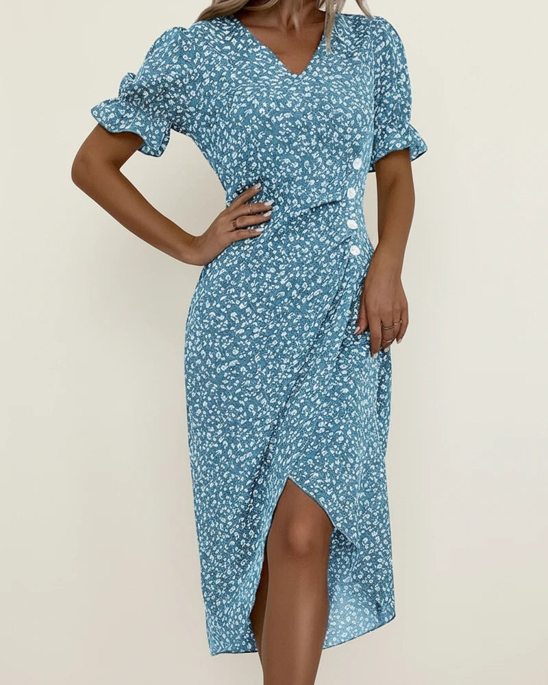 Elegant Floral Wrap Midi Dress with Puff Sleeves