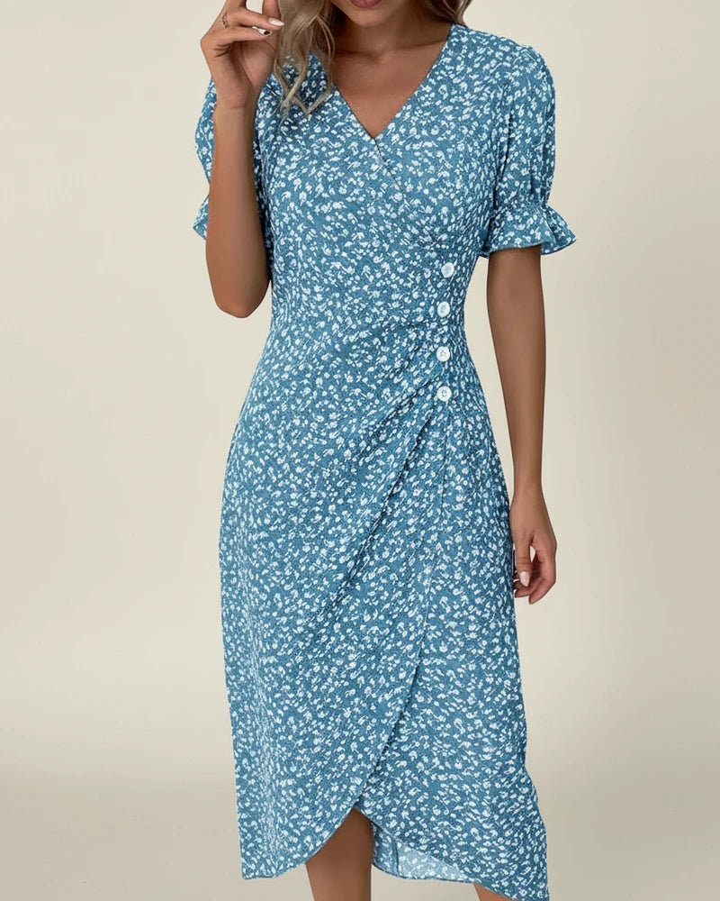 Elegant Floral Wrap Midi Dress with Puff Sleeves