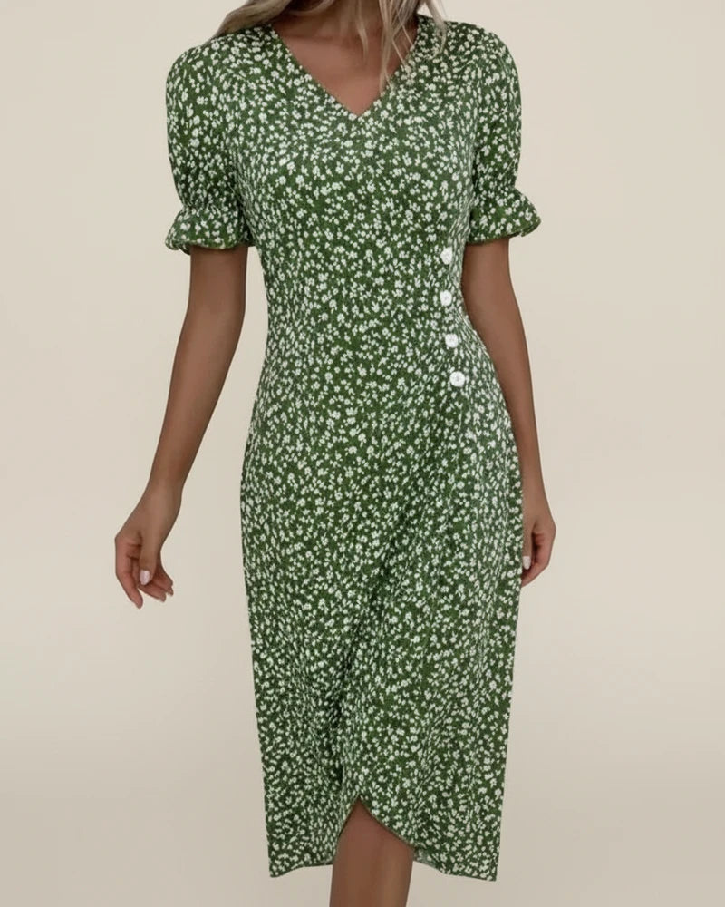 Elegant Floral Wrap Midi Dress with Puff Sleeves