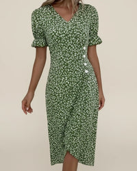 Elegant Floral Wrap Midi Dress with Puff Sleeves