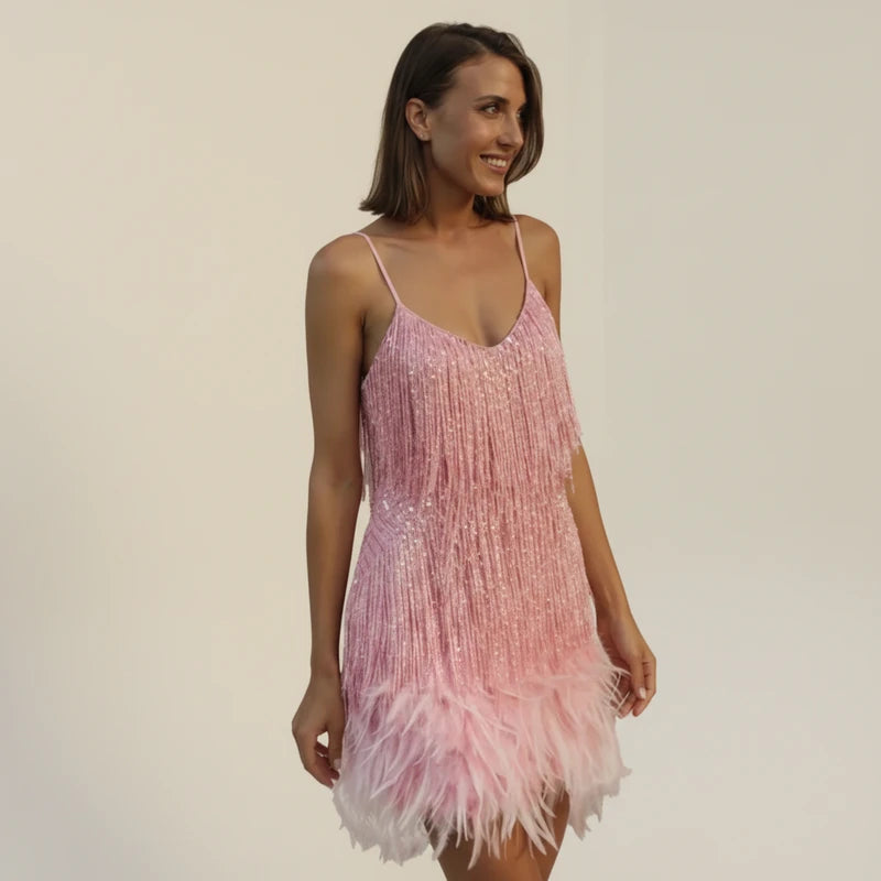 Sequin Feather Cocktail Mini Dress