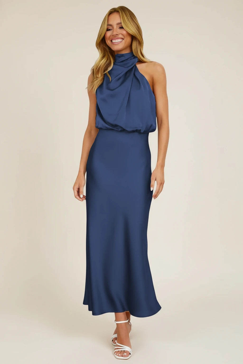 Elegant Satin Halter Midi Dress