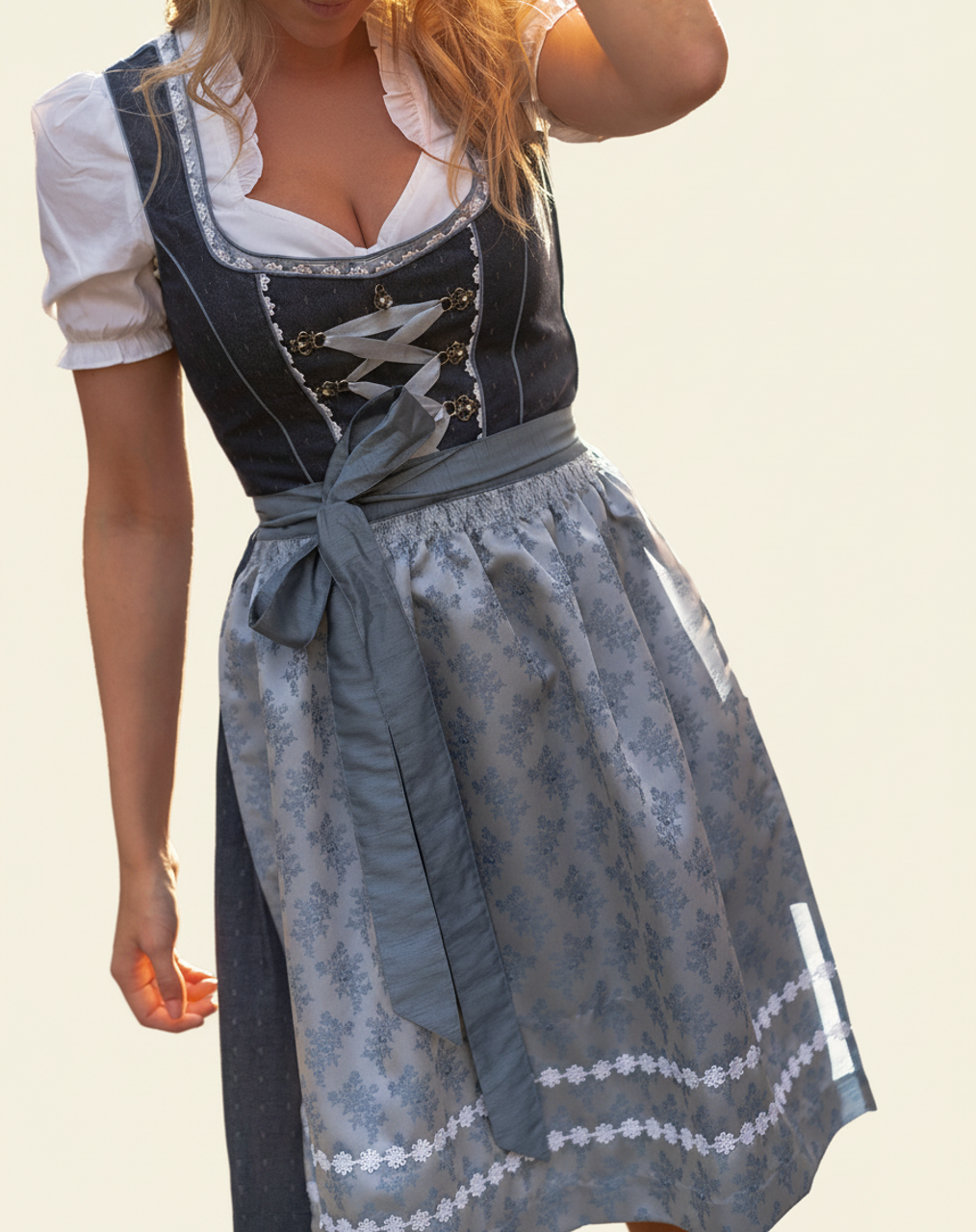 Women's Lace-Up Linen Floral Midi Dirndl Dress