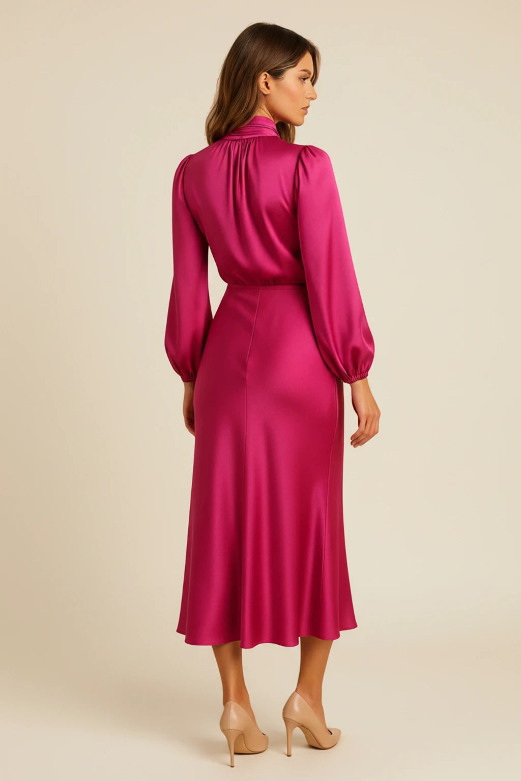 Elegant Satin Cowl Neck Long Sleeve Midi Dress