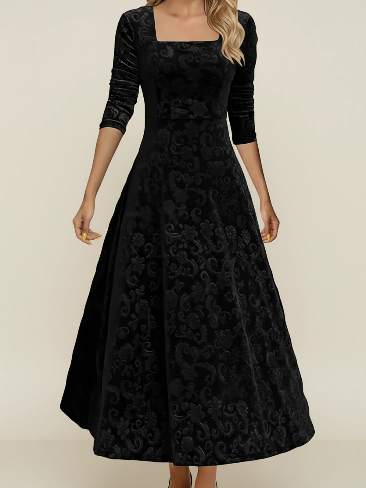 Elegant Velvet Square Neck Long Sleeve Midi Dress