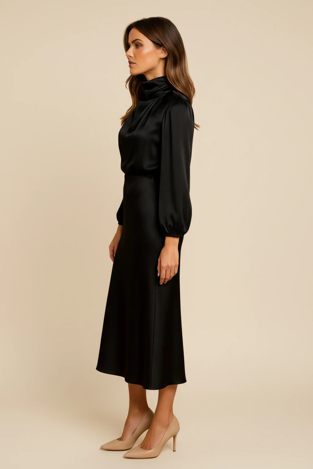 Elegant Satin Cowl Neck Long Sleeve Midi Dress