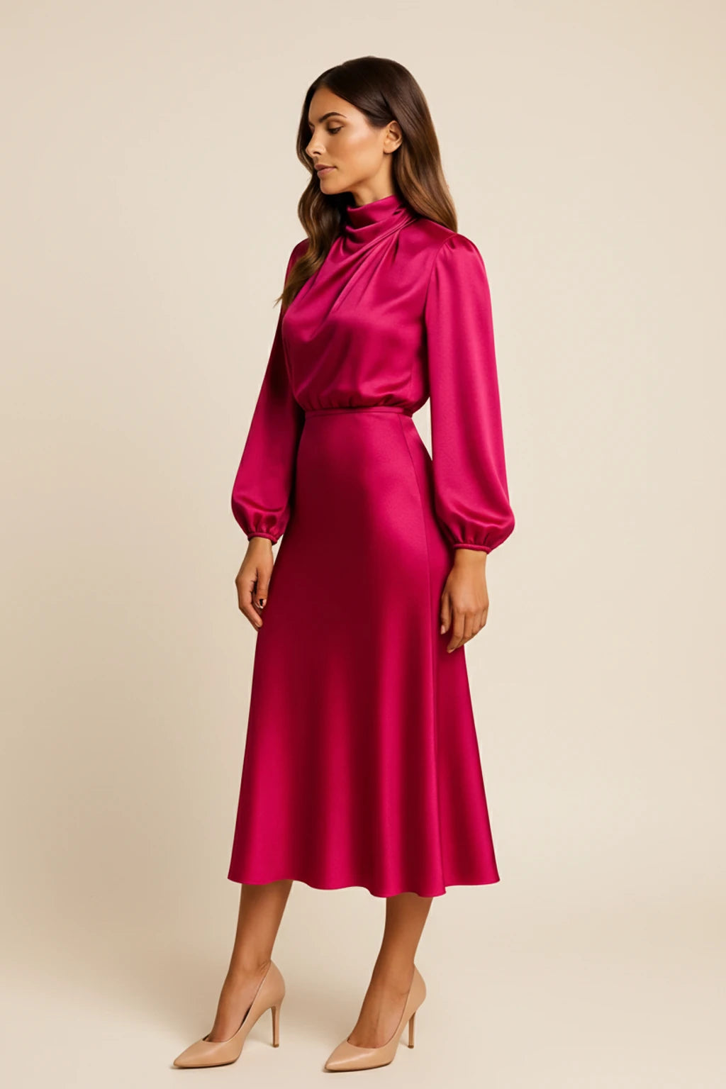 Elegant Satin Cowl Neck Long Sleeve Midi Dress