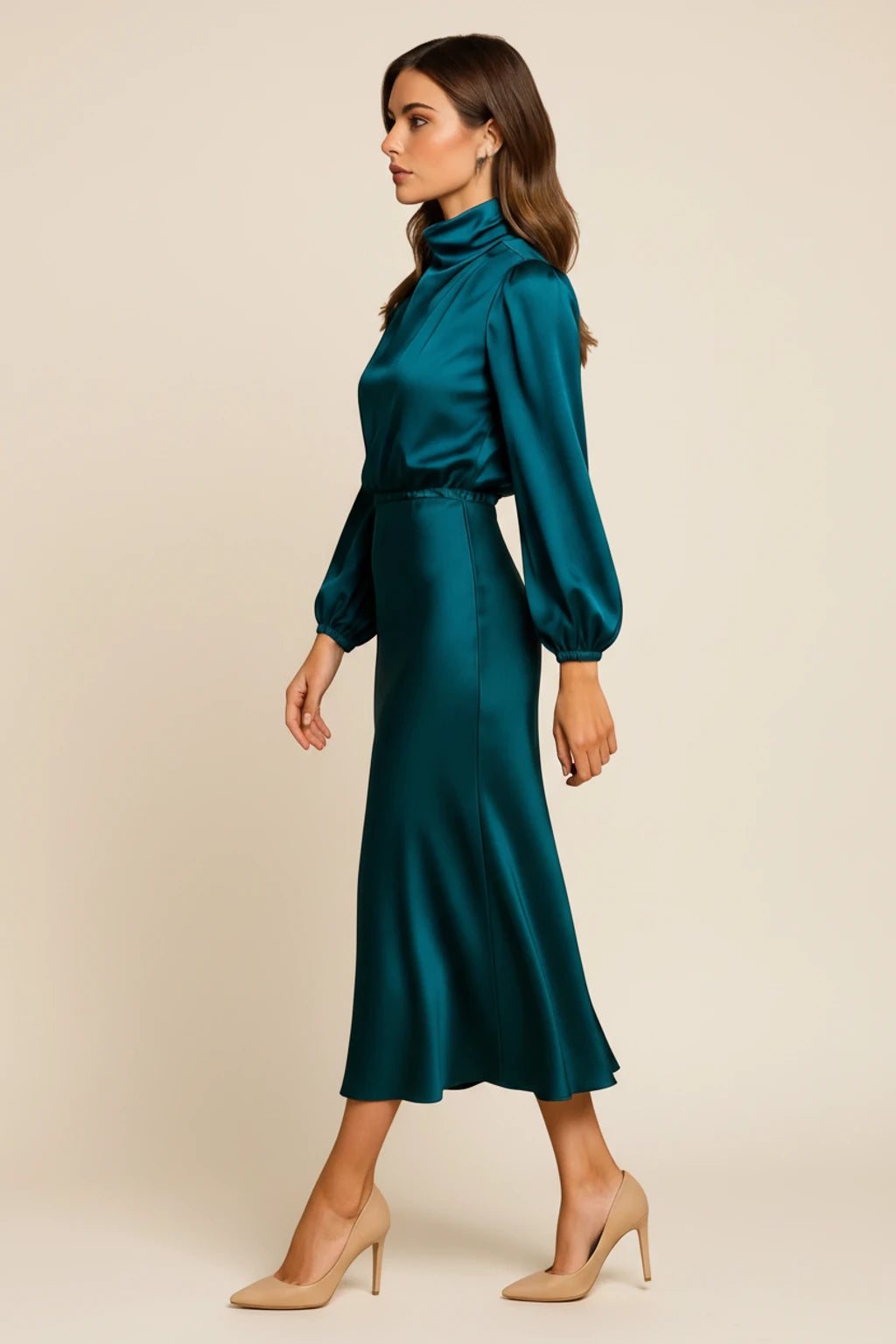 Elegant Satin Cowl Neck Long Sleeve Midi Dress