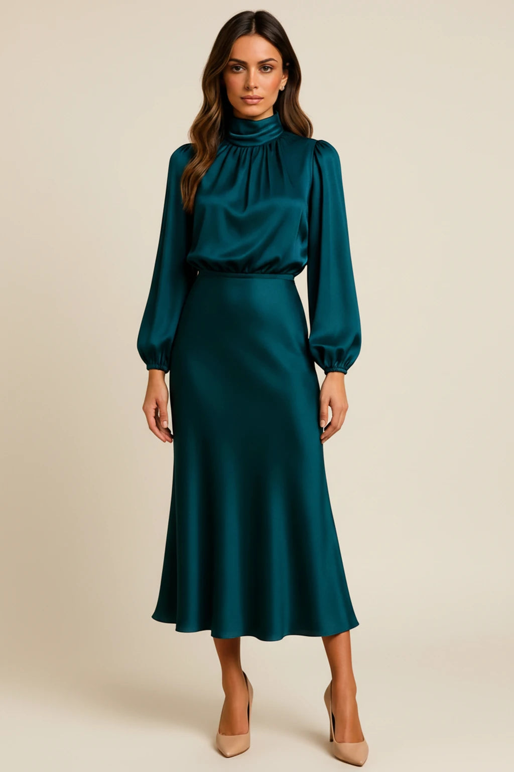 Elegant Satin Cowl Neck Long Sleeve Midi Dress