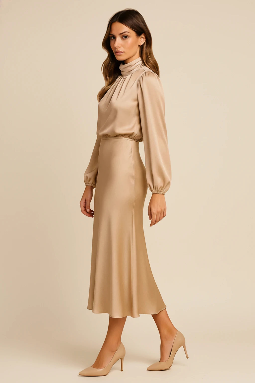 Elegant Satin Cowl Neck Long Sleeve Midi Dress