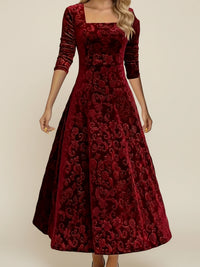 Elegant Velvet Square Neck Long Sleeve Midi Dress