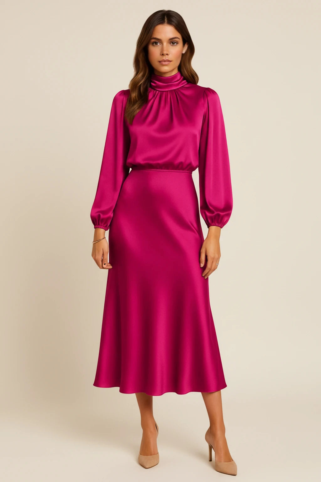 Elegant Satin Cowl Neck Long Sleeve Midi Dress