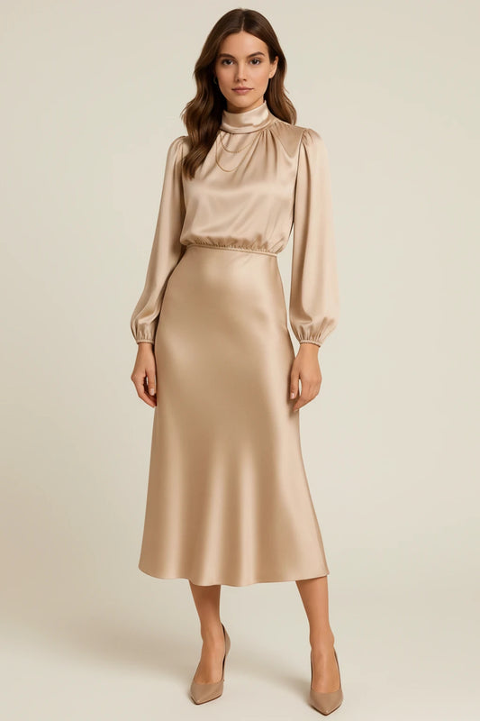 Elegant Satin Cowl Neck Long Sleeve Midi Dress
