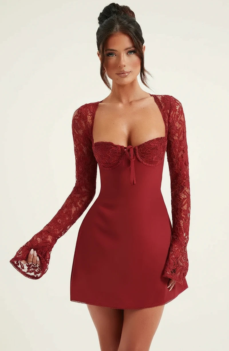 Cute Lace Long Sleeve A Line Mini Dress
