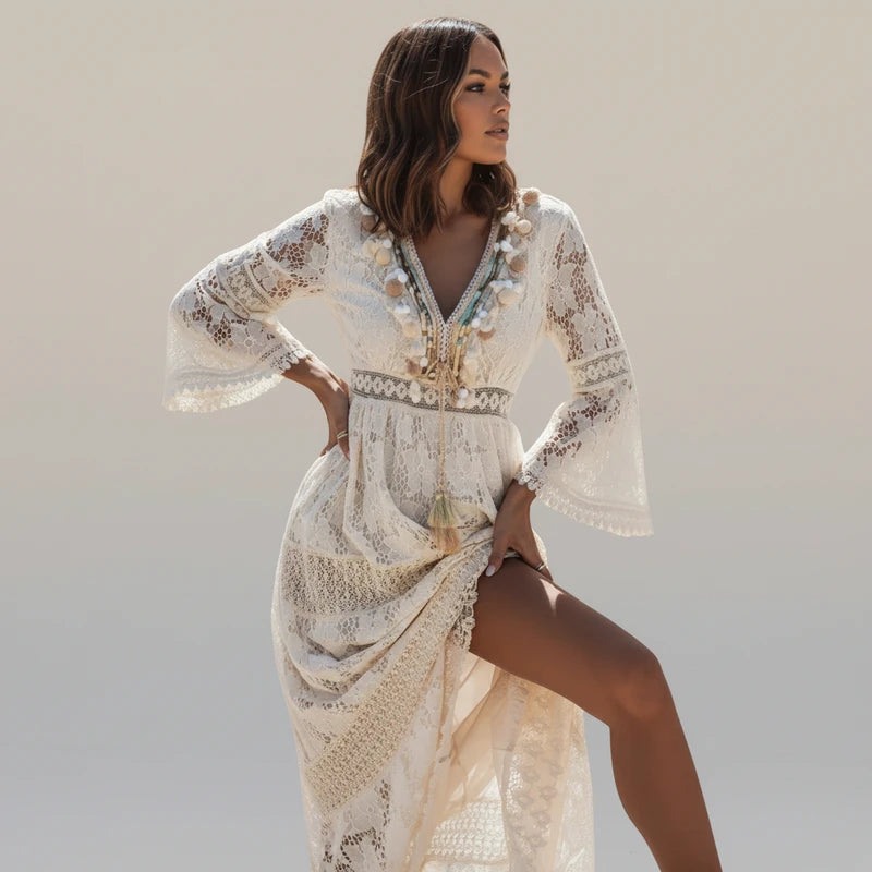 Elegant Boho Lace Long Sleeve Maxi Dress