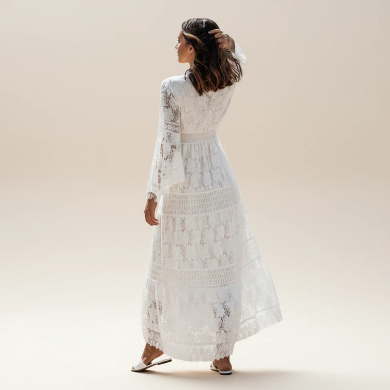 Elegant Boho Lace Long Sleeve Maxi Dress