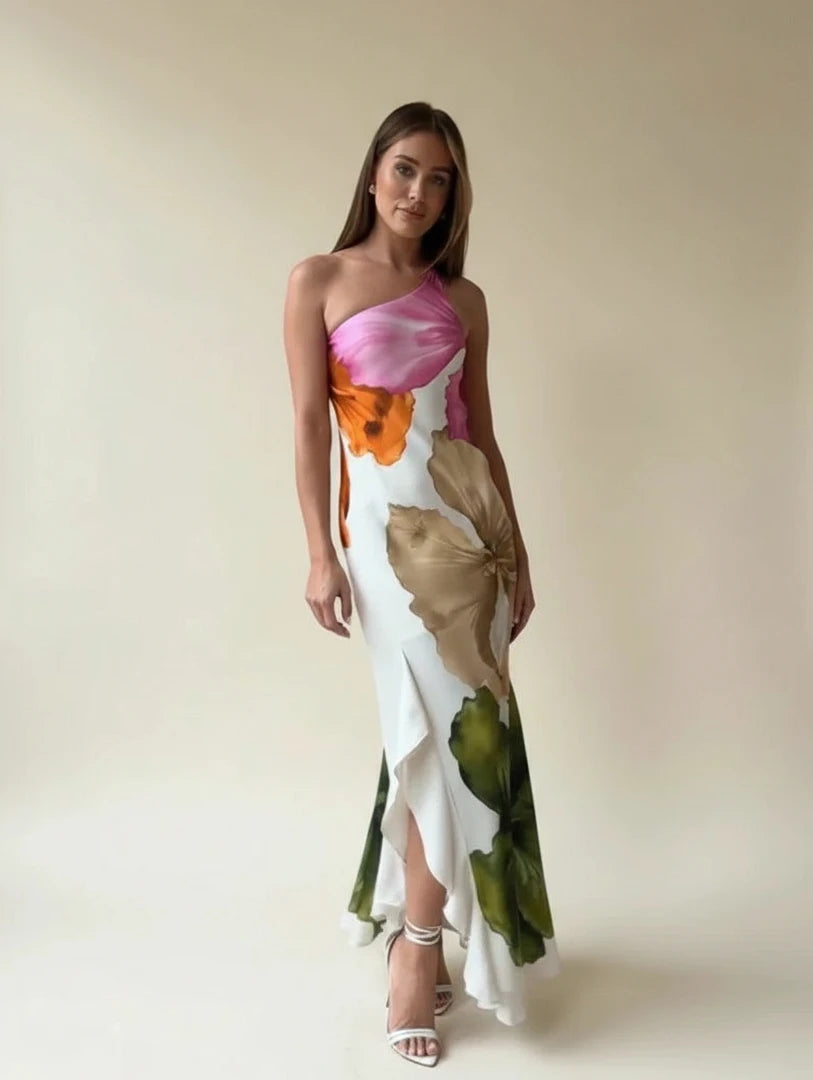 Elegant Floral One Shoulder Maxi Dress