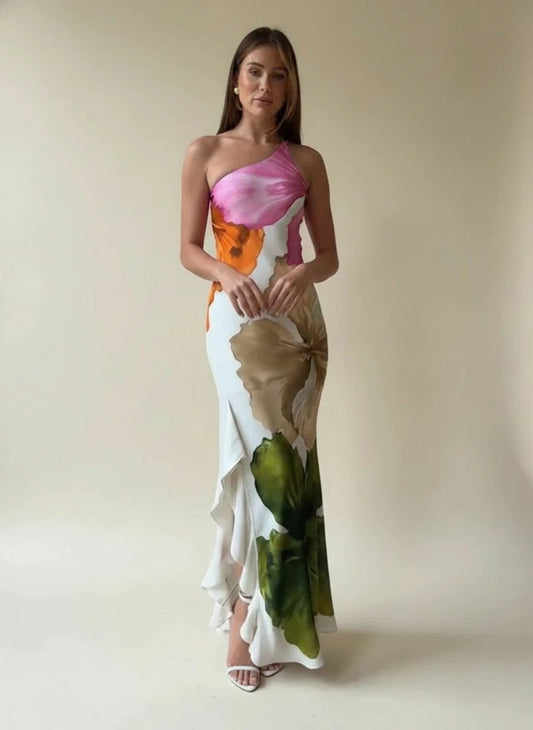 Elegant Floral One Shoulder Maxi Dress
