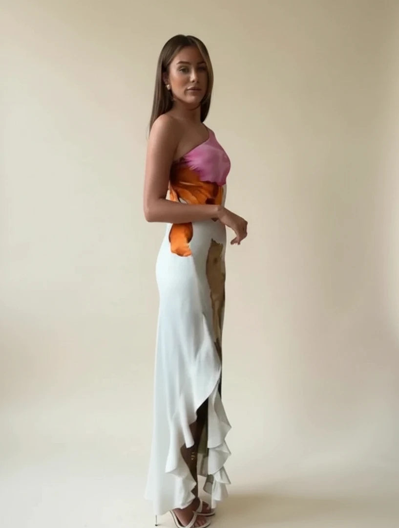 Elegant Floral One Shoulder Maxi Dress