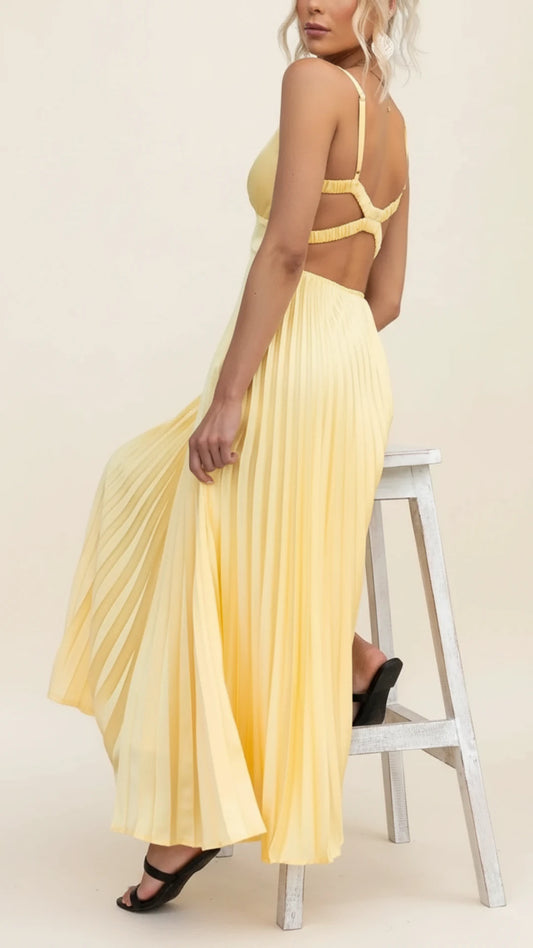 Elegant Pleated A Line Empire Waist Backless Maxi Dress