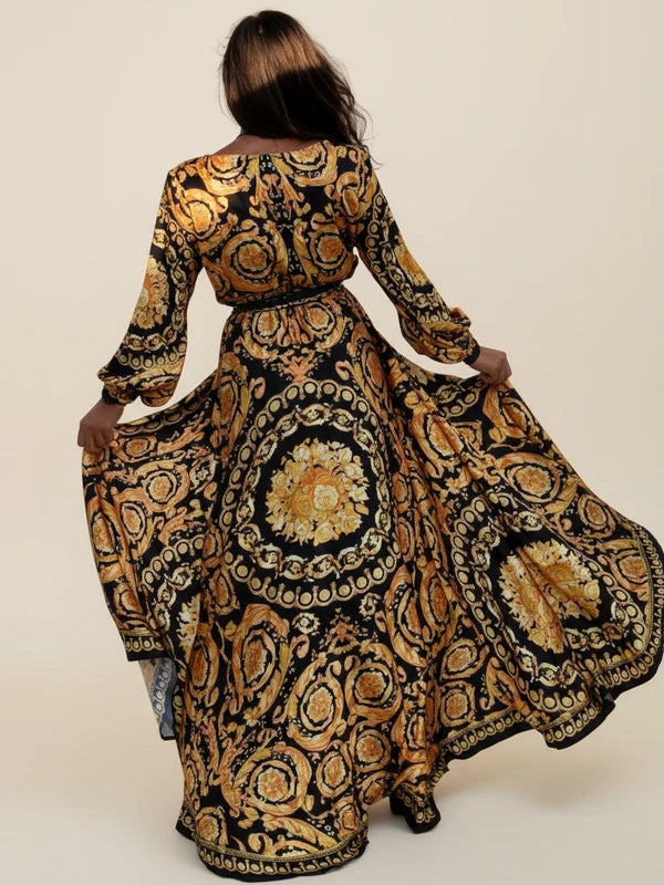 Elegant Floral Wrap Long Sleeve Maxi Dress