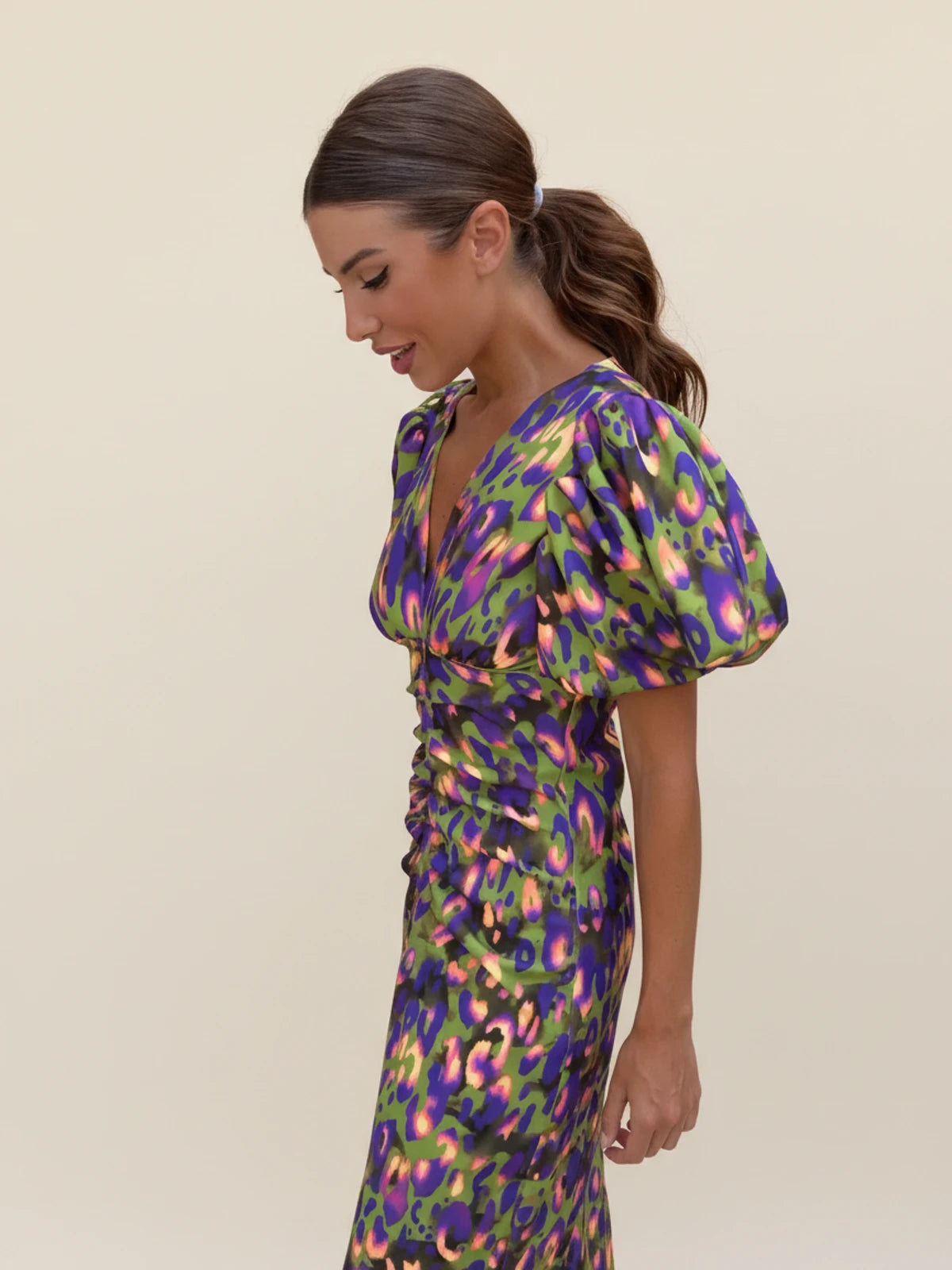 Women's Puff Sleeve V-Neck Midi Dress