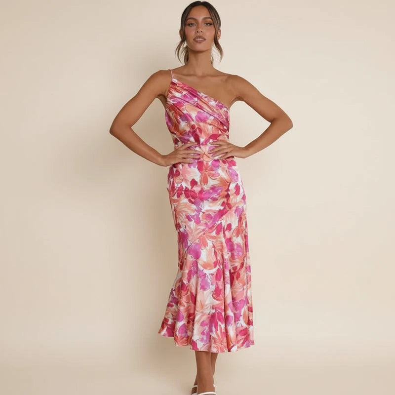 Elegant Floral One Shoulder A Line Midi Dress