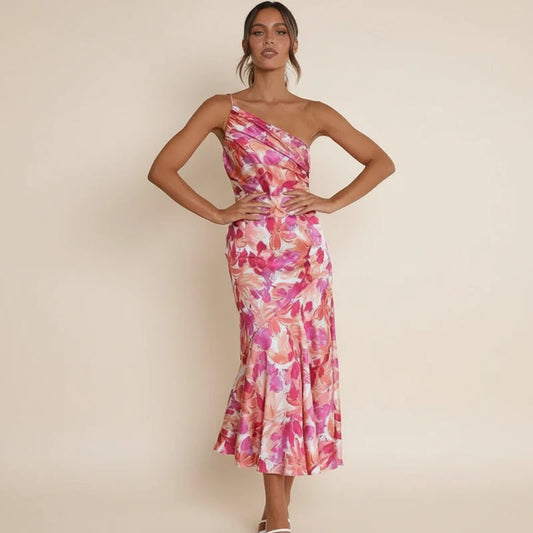 Elegant Floral One Shoulder A Line Midi Dress
