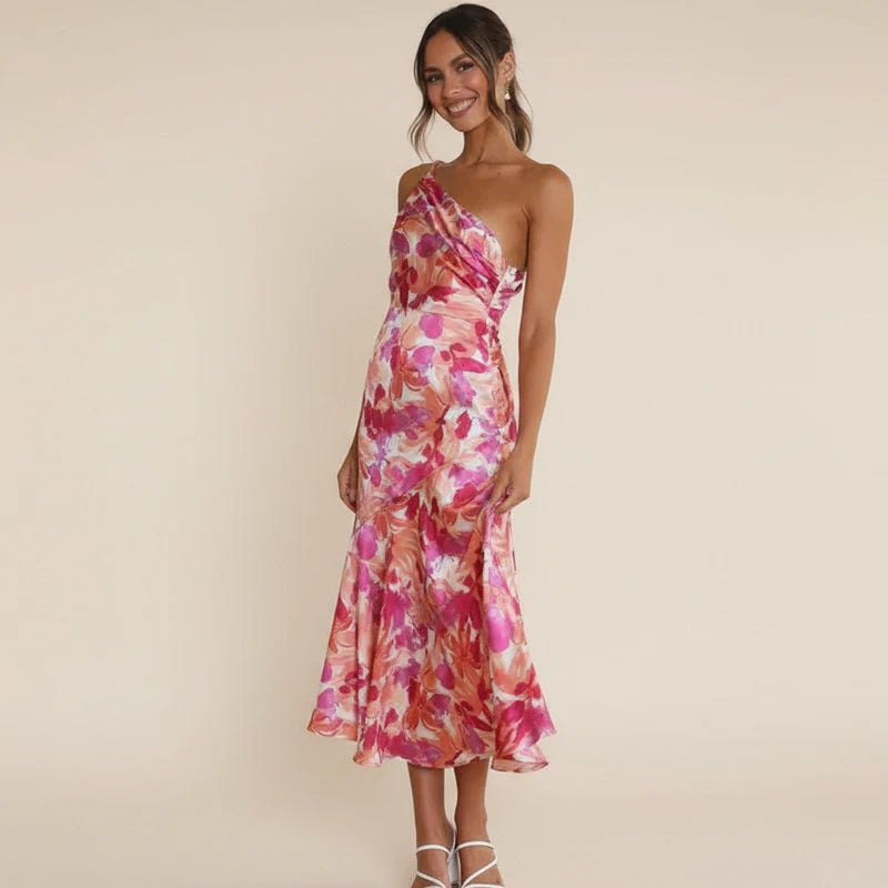 Elegant Floral One Shoulder A Line Midi Dress