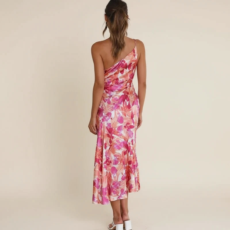 Elegant Floral One Shoulder A Line Midi Dress