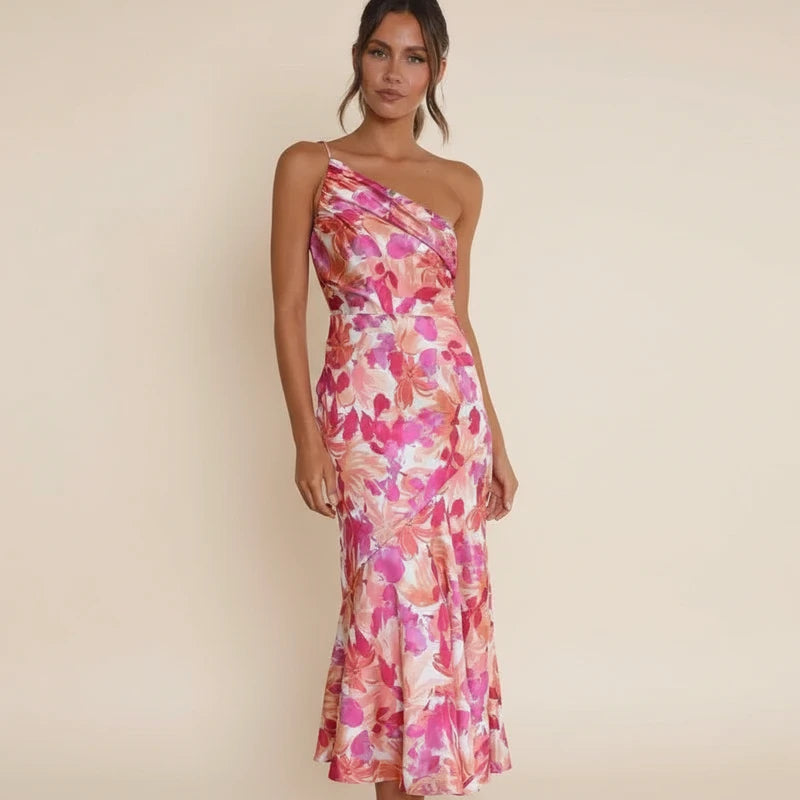 Elegant Floral One Shoulder A Line Midi Dress