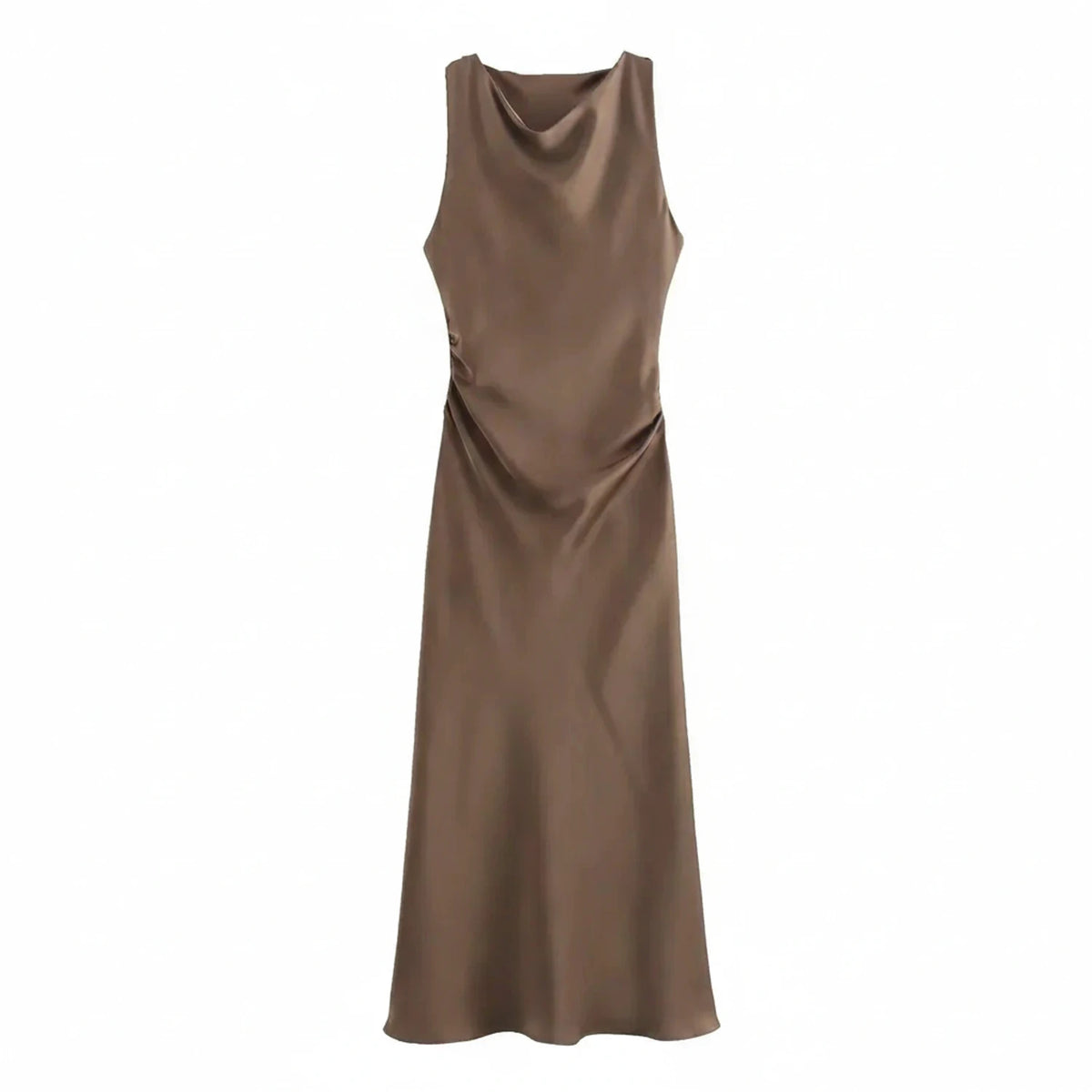 Elegant Satin Cowl Neck Bodycon Midi Dress
