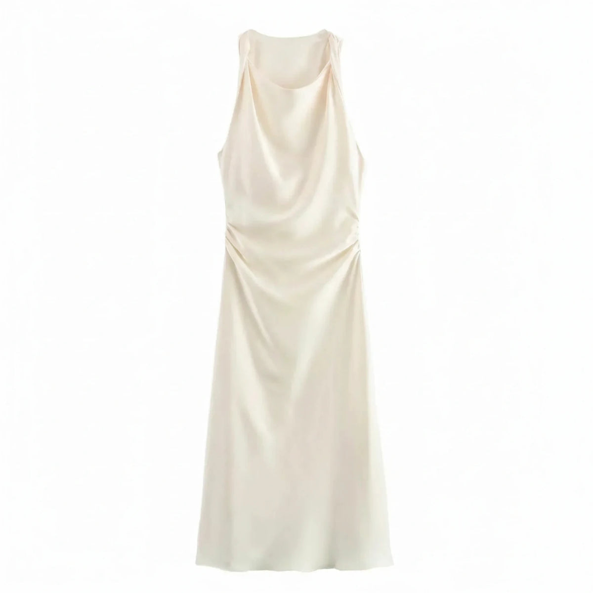 Elegant Satin Cowl Neck Bodycon Midi Dress