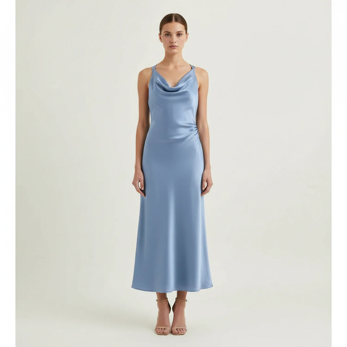 Elegant Satin Cowl Neck Bodycon Midi Dress
