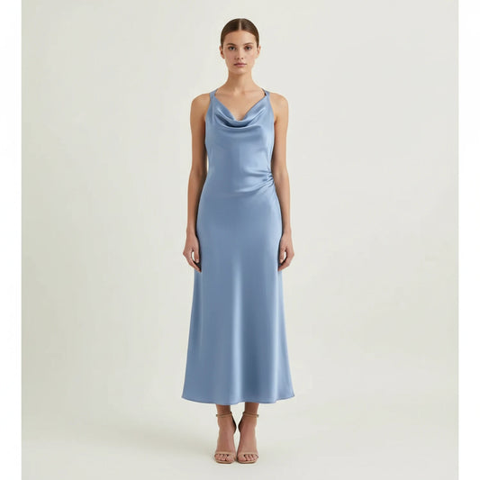 Elegant Satin Cowl Neck Bodycon Midi Dress