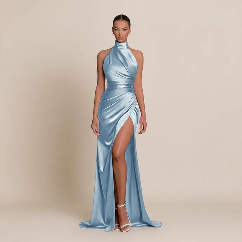 Elegant Satin Halter Bodycon Maxi Dress