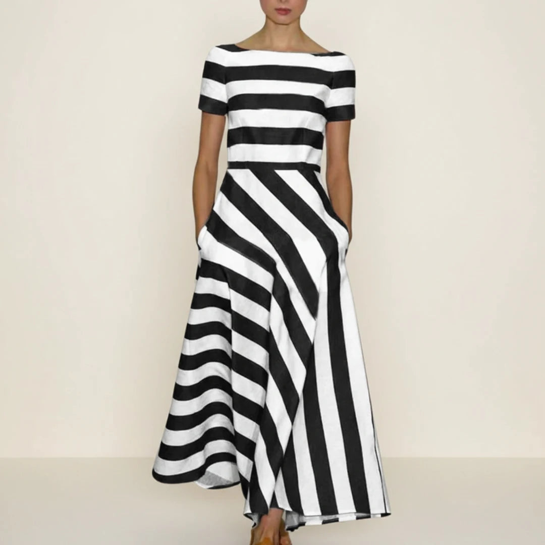 Striped A Line Off Shoulder Midi Dress
