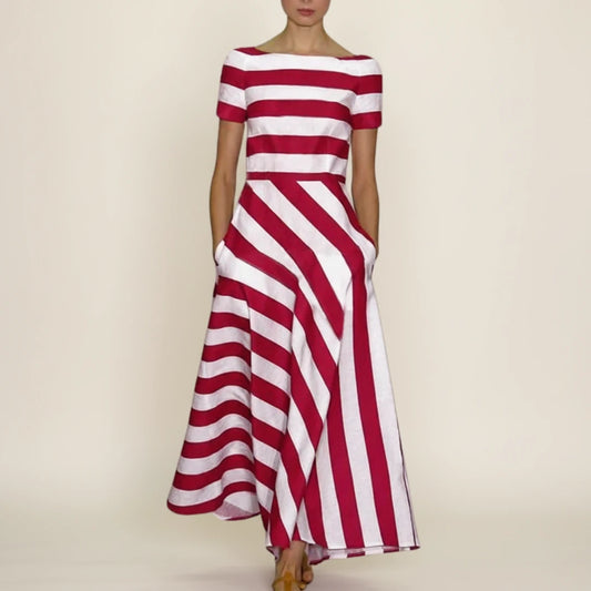 Striped A Line Off Shoulder Midi Dress