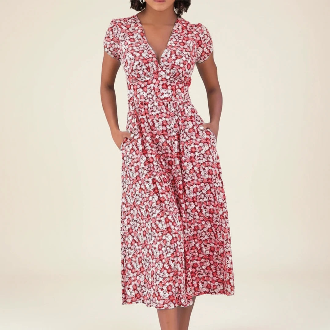 Floral A Line Midi Dress with Short Sleeves