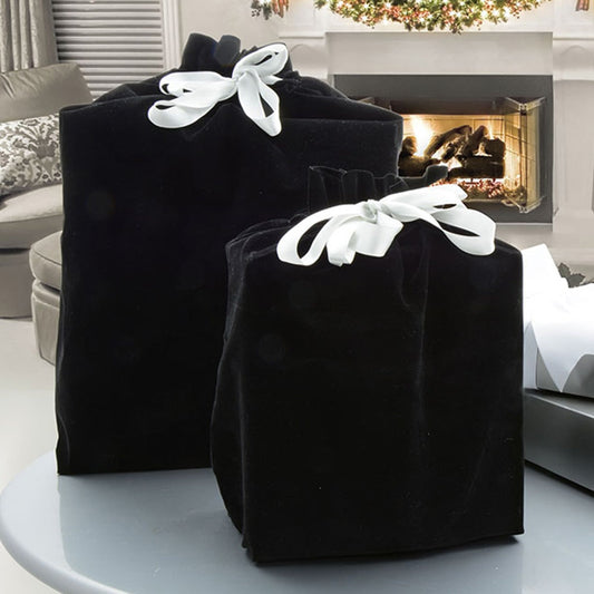 Black Velvet Reusable Drawstring Gift Bag with Satin Ribbon Bow