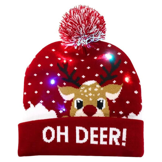 Christmas Hat with Lights - Knitted LED Beanie with Pom-Pom